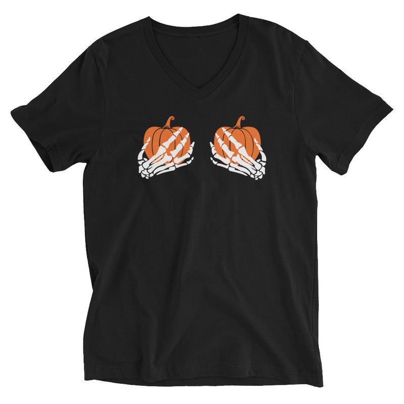 Pumpkin and Skeleton Short Sleeve V-Neck T-Shirt