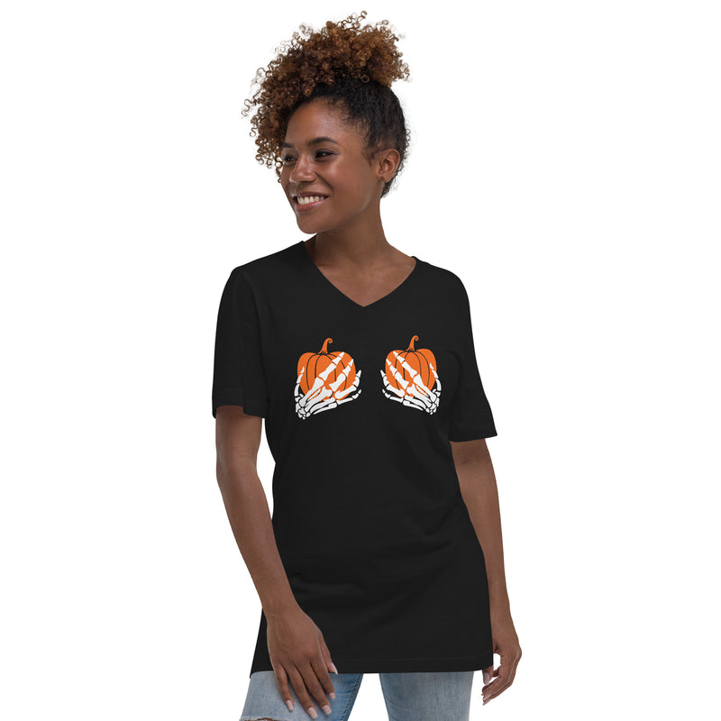 Pumpkin and Skeleton Short Sleeve V-Neck T-Shirt