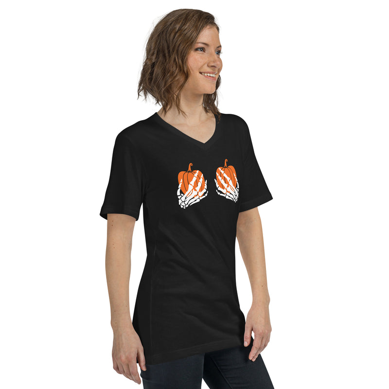 Pumpkin and Skeleton Short Sleeve V-Neck T-Shirt