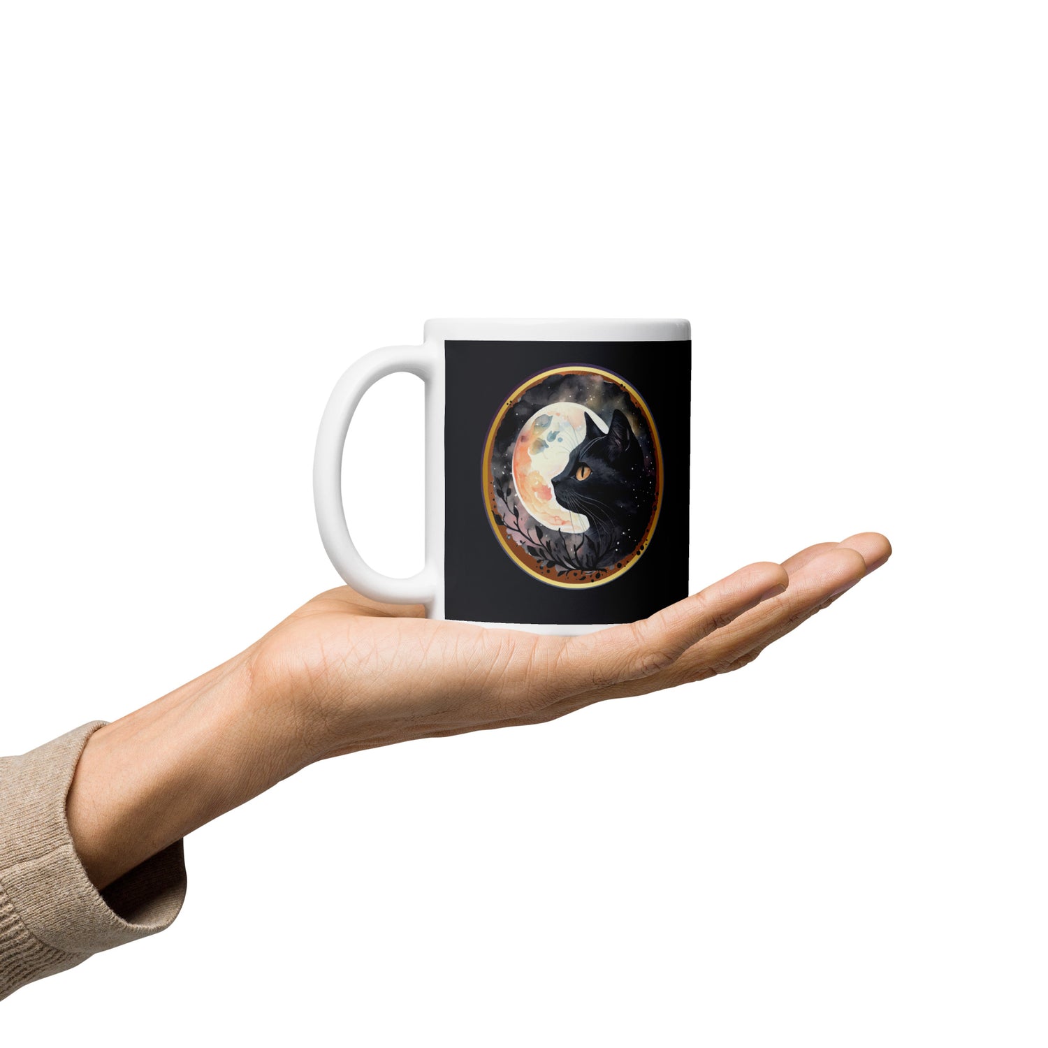 Black Cat & The Moon White glossy mug