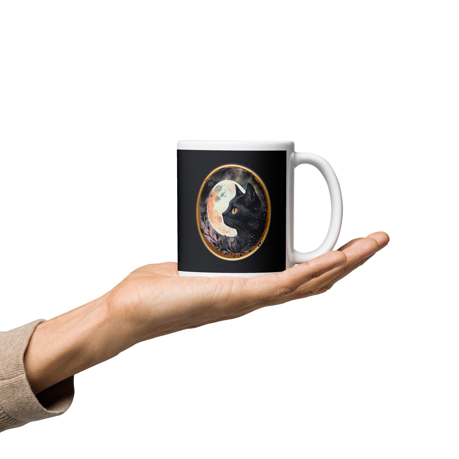 Black Cat & The Moon White glossy mug