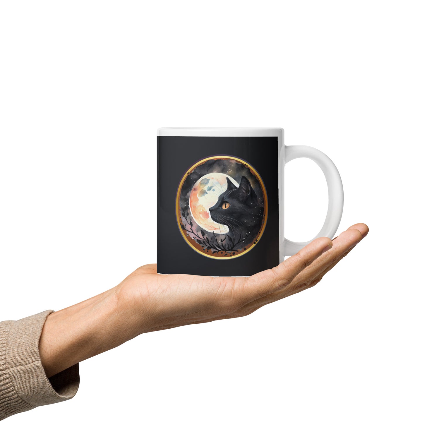 Black Cat & The Moon White glossy mug