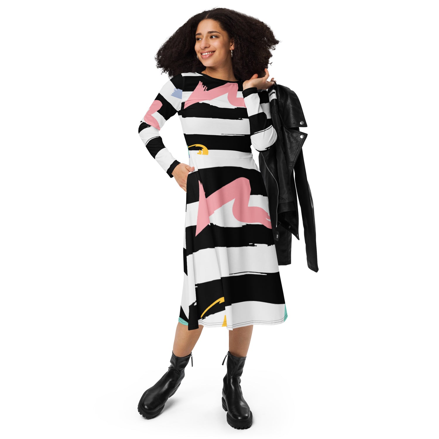 Stripped  long sleeve midi dress