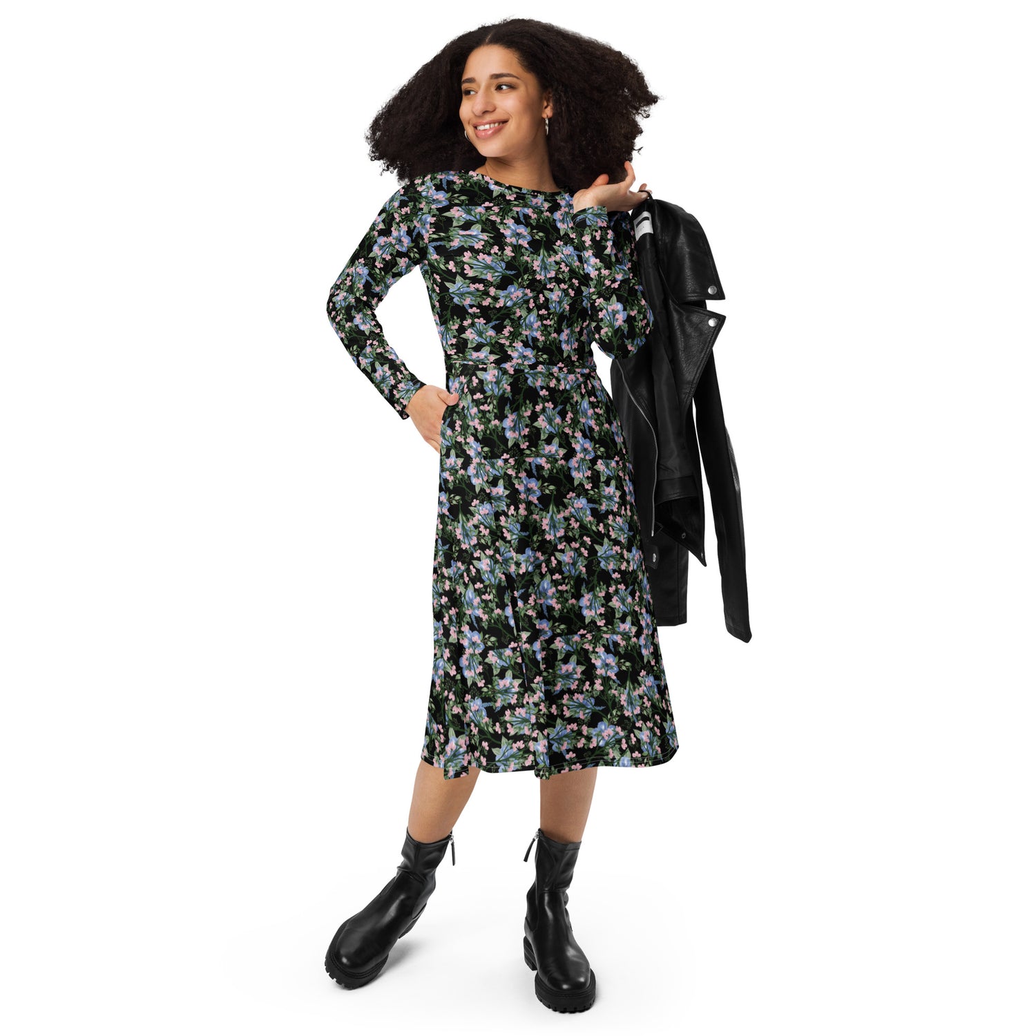 Black Floral long sleeve midi dress
