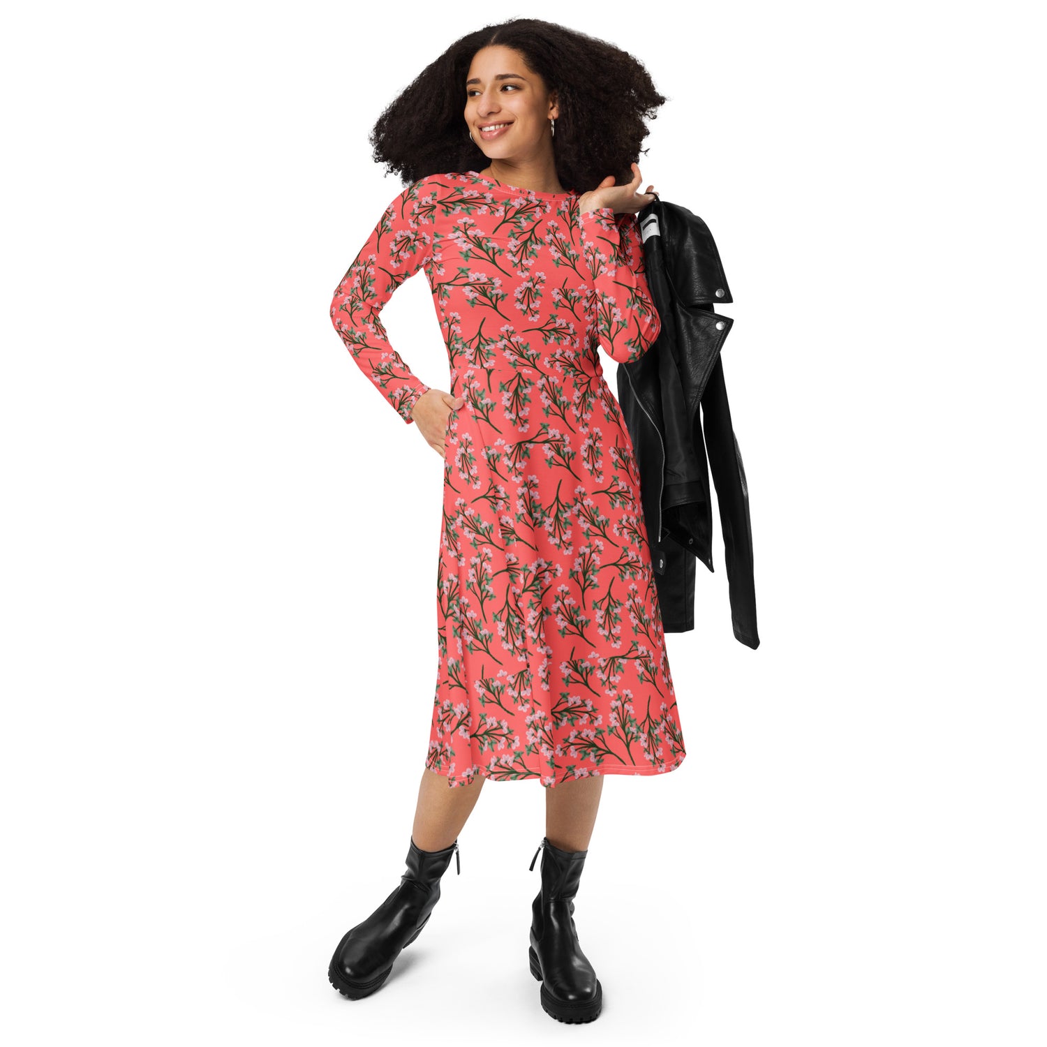 Pink Floral long sleeve midi dress