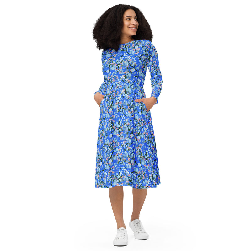 Blue Floral long sleeve midi dress