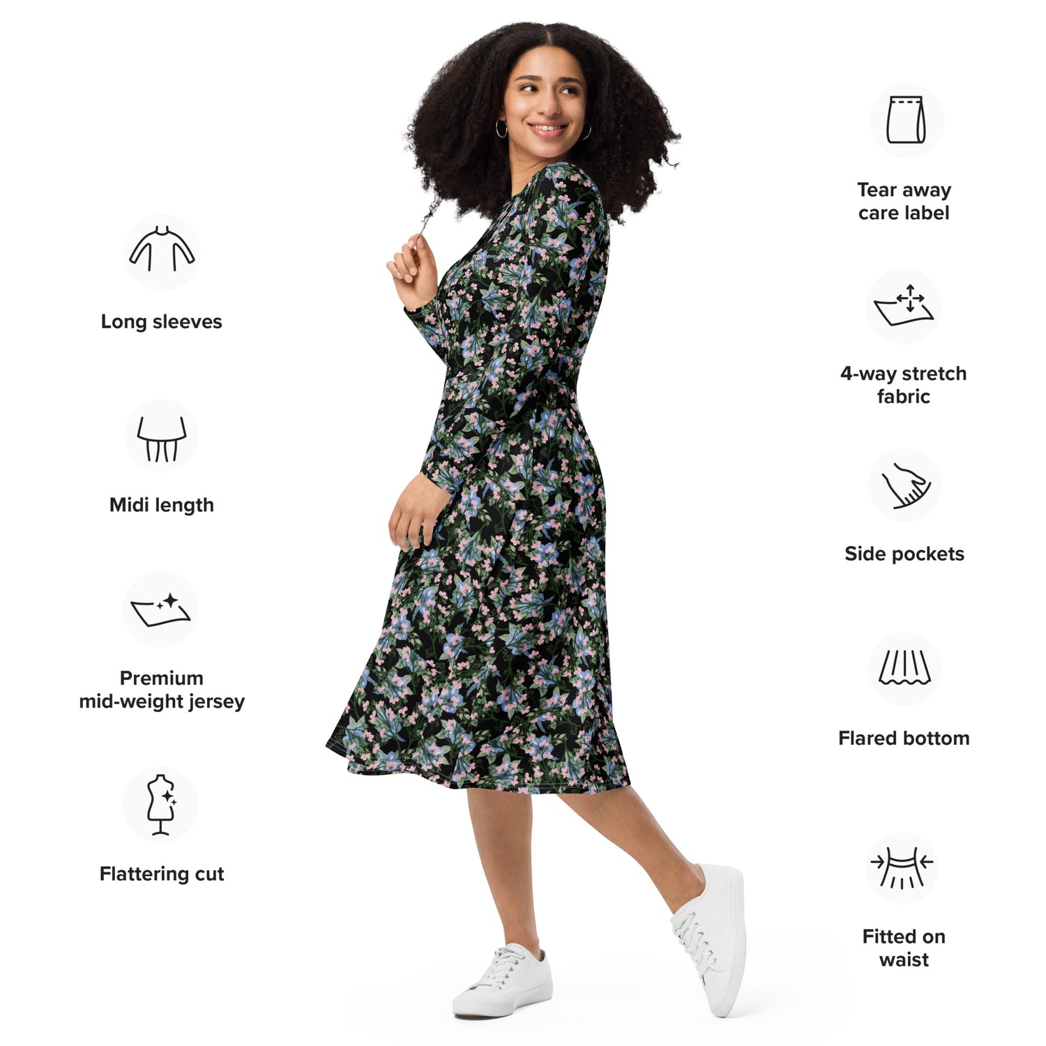Black Floral long sleeve midi dress