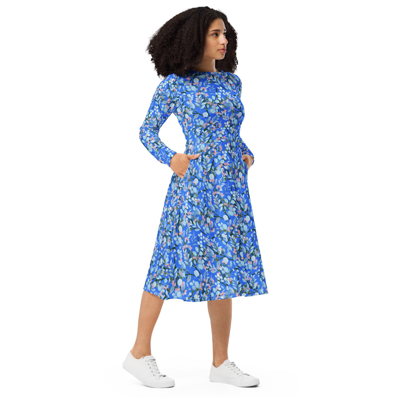 Blue Floral long sleeve midi dress